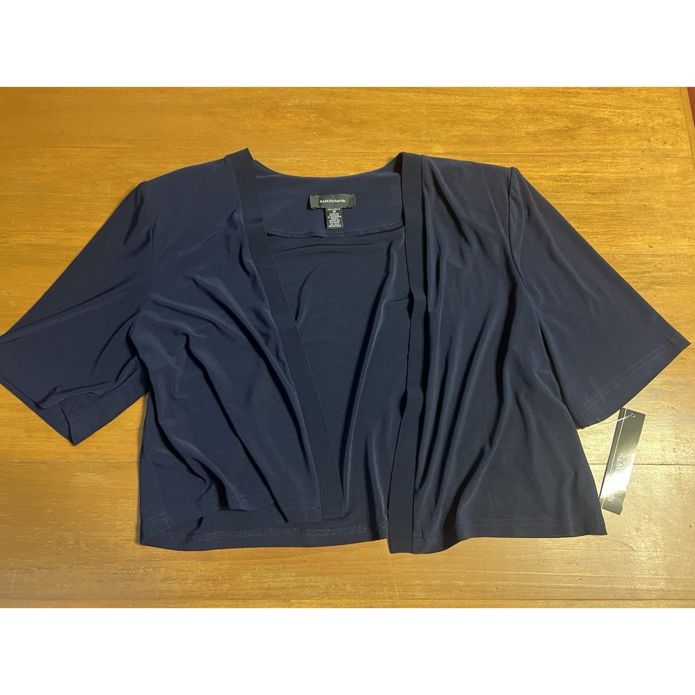R&M Richards Ruffle Open Front Top Women's Size L Black Knit Long Sleeve NWT